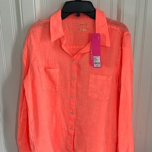Lilly Pulitzer Sea View Bellini Coral Linen button down shirt Sz Small